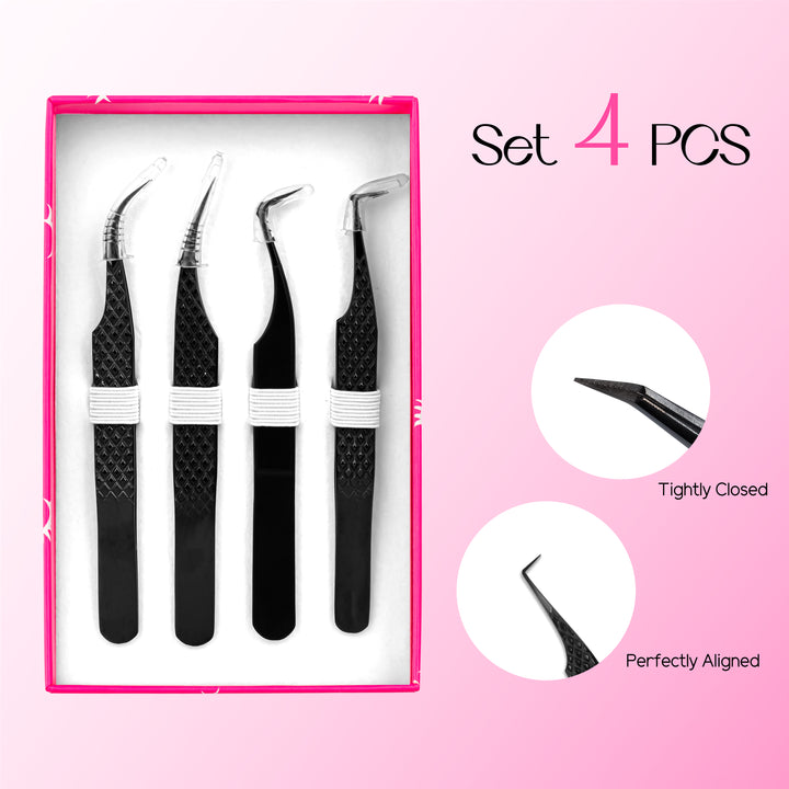 Black Professional Eyelash Extensions Tweezers Kit USA