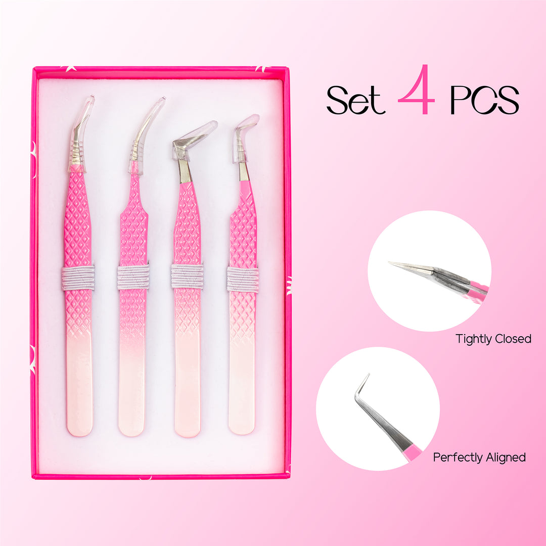 Ombre Pink-White Professional Eyelash Extensions Tweezers Kit