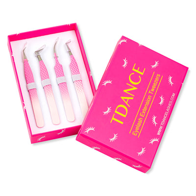 Ombre Pink-White Professional Eyelash Extensions Tweezers Kit